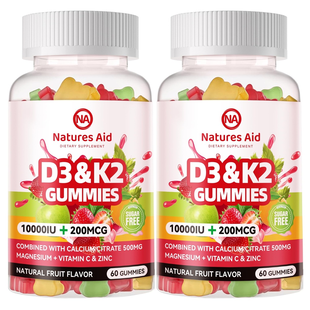 Naturezas Ajuda Vitamina sem açúcar D3 K2 Gummies com cálcio + K2 (MK-7), Citrato de magnésio, Vitamina C, Força extra - Absorção final para dentes musculares ósseos Imune, Vegan - 120 Gummies