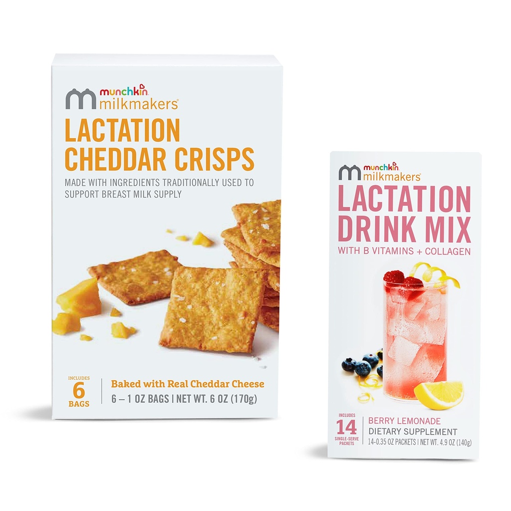 Munchkin® Milkmakers® Lactation Drink Mix Supplement with B Vitamina & Milk Thistle, 14 Count and Lactation Cheddar Crisps for Amamentating Moms with Aveia and Flax, 6 Count