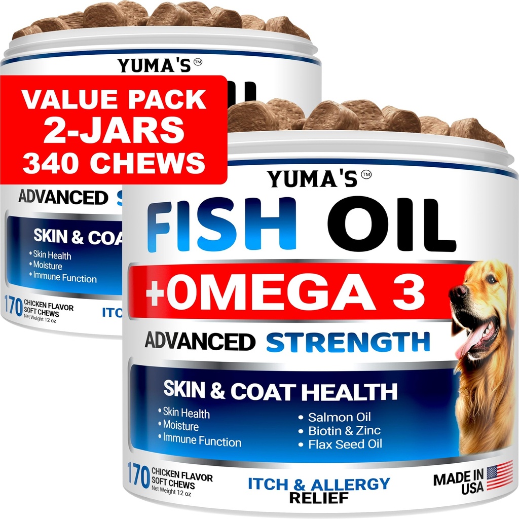 (2 Pack) Ómega 3 Óleo de peixe para cães - 170 Mastigações - Pele e casaco Suplemento - Ómega 3 para cães - Tratamento de alívio de pele seca e comichão - Alergia apoio cão anti derramamento de doces - salmão - sabor de frango