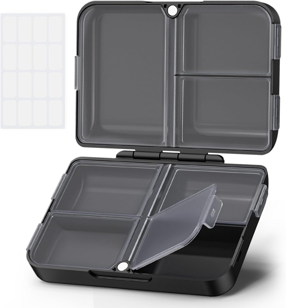 AUVON Daily Pill Organizer caber com sua bolsa ou bolso, caixa de caixa de pílulas de viagem compacta com projeto dobrável Slim e pontas de longo prazo para segurar vitamina, óleo de peixe, suplemento ou jóias (preto)