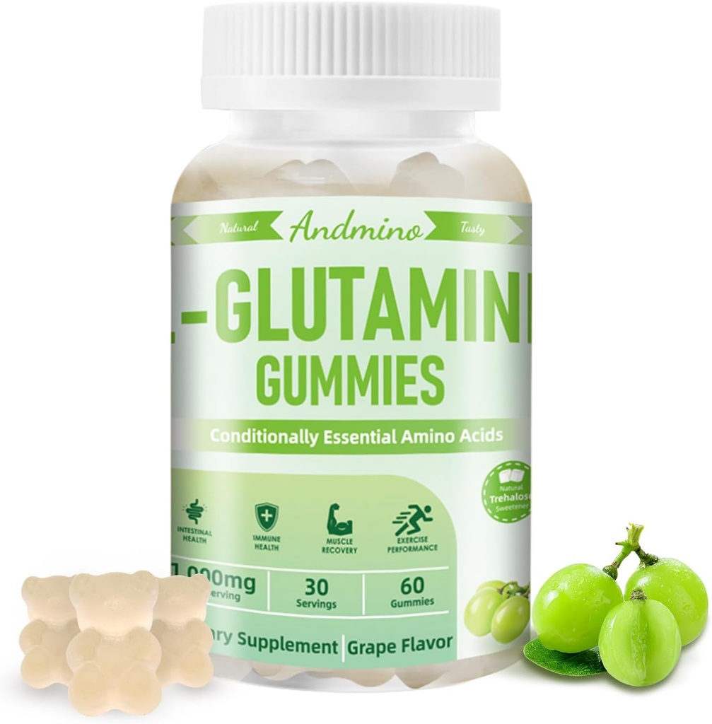 L-Glutamina Gummies 1000 mg, com Trealose, L Glutamina Suplemento Suporte Intestinal, Imune Boost & Muscle Health, para adultos e crianças, Não-GMO, Vegan, Gluten Free, Grape Flavor, 60