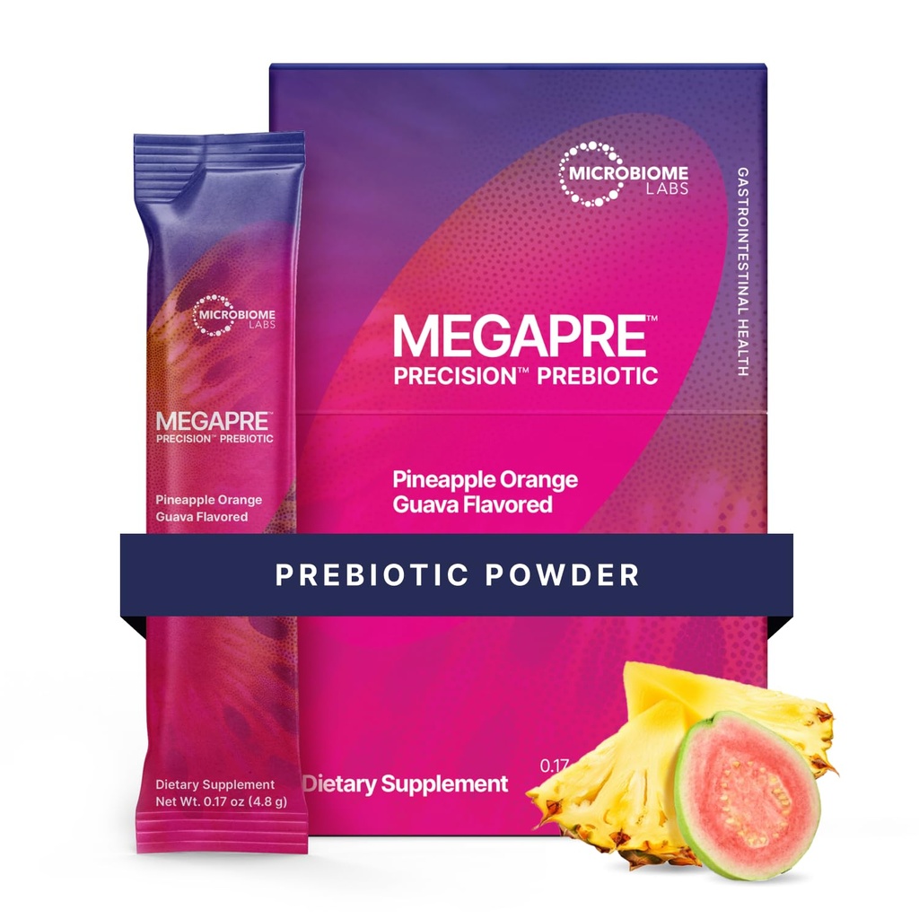 Microbiome Labs MegaPre Prebiotic Fiber Powder for Women, Men & Kids - Pre-Dosed Prebiotic Fiber Supplement Powder with Clinically Tested Oligossacarídeos - Abacaxi laranja Guava (30 pacotes de bebida)