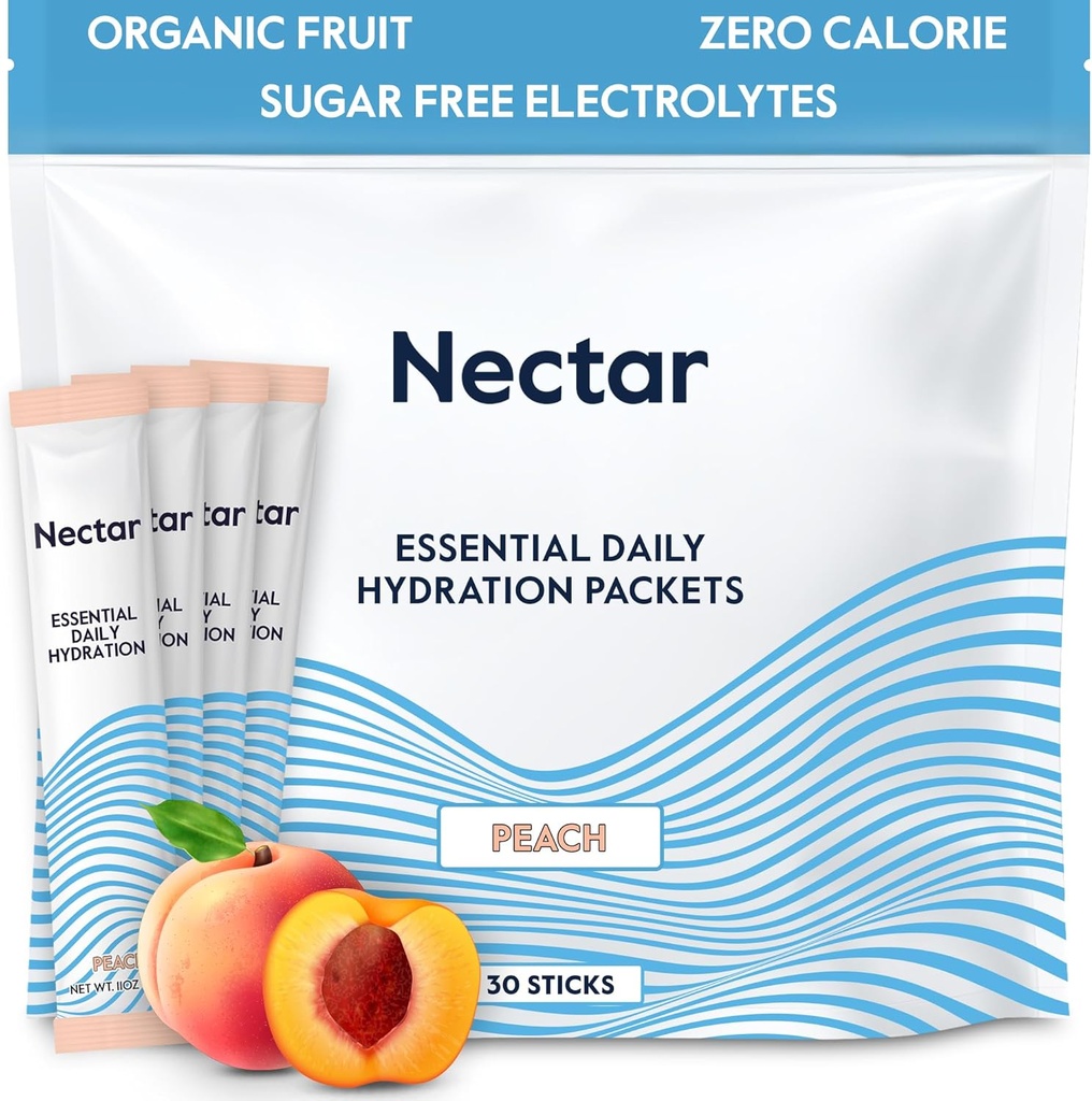 Pacotes de Hidratação Nectar - Eletrólitos em Pó - Açúcar Livre & 0 Caloria - Eletrólitos líquidos de frutas orgânicas diariamente IV Pó para Alivio de Desidratação e Reidratação Rápida (Pacote 30 Peach)