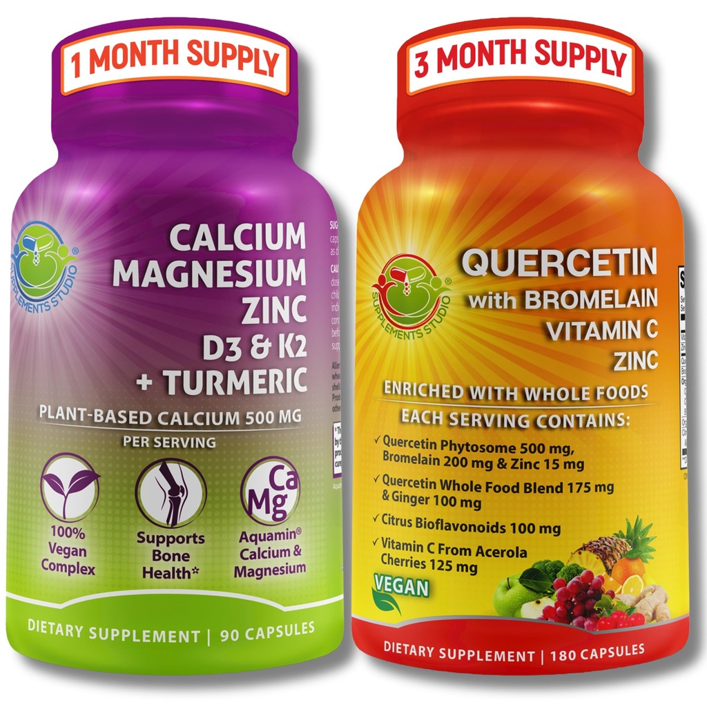 COMPLEMENTOS ESTUDO Quercetin com bromelaína, vitamina C & Zinco + cálcio com base em plantas, magnésio, D3, K2 e açafrão – 100% Vegan Supplement Bundle para Immune & suporte ósseo