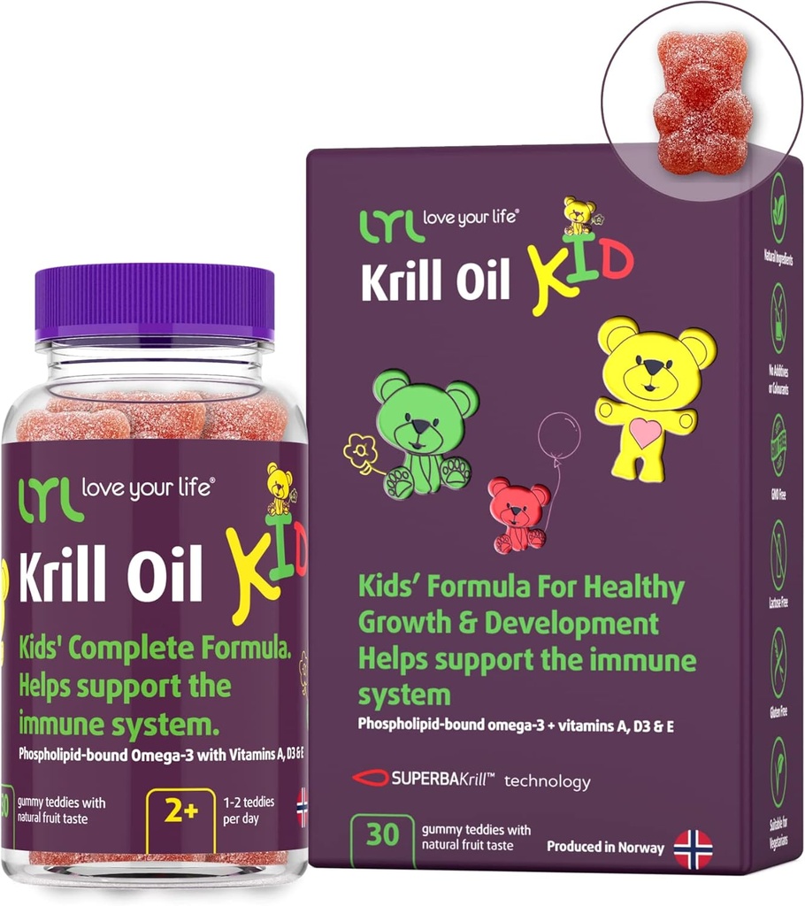 LYL Krill Oil Kid Gummy Bears com Vitamina D 3, Vitamina E e Vitamina A - fosfolipídio-Bound Omega 3 para crescimento saudável e desenvolvimento - Gummy Bears com laranja, maçã e framboesas sabor (Pack de 30)
