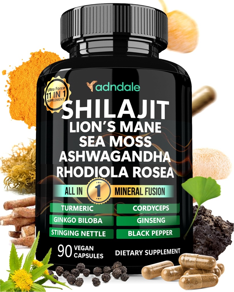 Suplemento Adndale Shilajit. Pure Himalayan Organic Shilajit para homens e mulheres Cápsulas com Sea Moss Ashwagandha Rhodiola Rosea Lion's Mane. 90 Conde