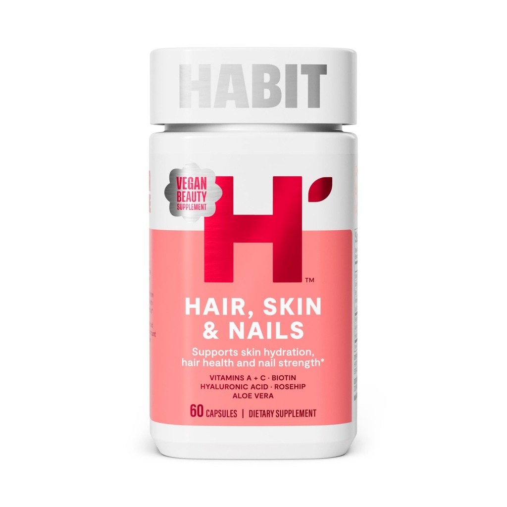 Habit Habit Hair, Skin & Nails Supplement (60 cápsulas) - Novo olhar, Suporta a hidratação da pele, Hair & Nail Força, Biotin 2000mcg, Vitamina A & C, Ácido hialurônico, Rosehip, Vegan, Não-GMO (1 pacote)