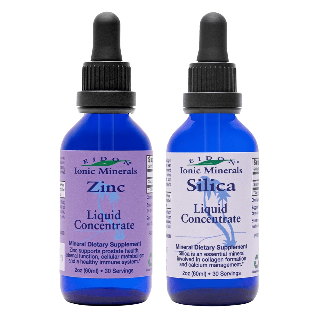 Eidon Ionic Minerals Liquid Silica & Zinc Drops, 2 Fl Oz, Saúde Imune, Cuidados com a pele, Ingredientes All-Naturais, Sem cores artificiais ou conservantes