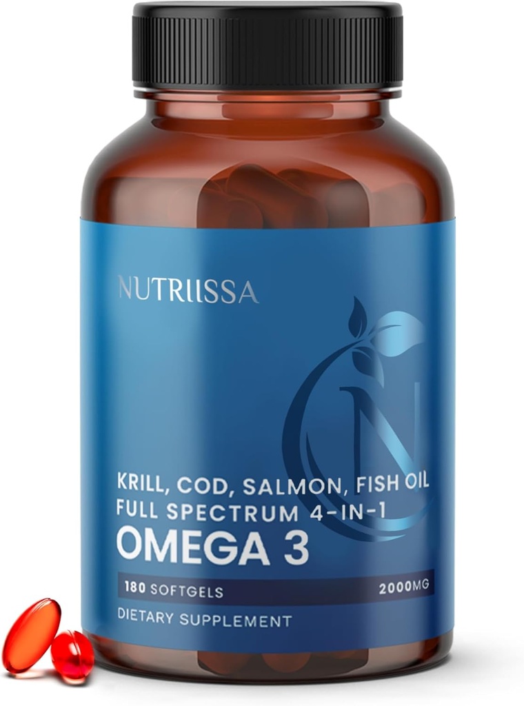 Nutriissa Full Spectrum Omega-3 – 2000 mg Mistura de Óleo (Krill, Bacalhau e Óleo de Salmão) – 1175 mg Omega-3s (EPA, DHA & DPA) – EPEB Certified, 3-Month Supply – Heart, Brain & Joint Support – 180 Halal Softgels