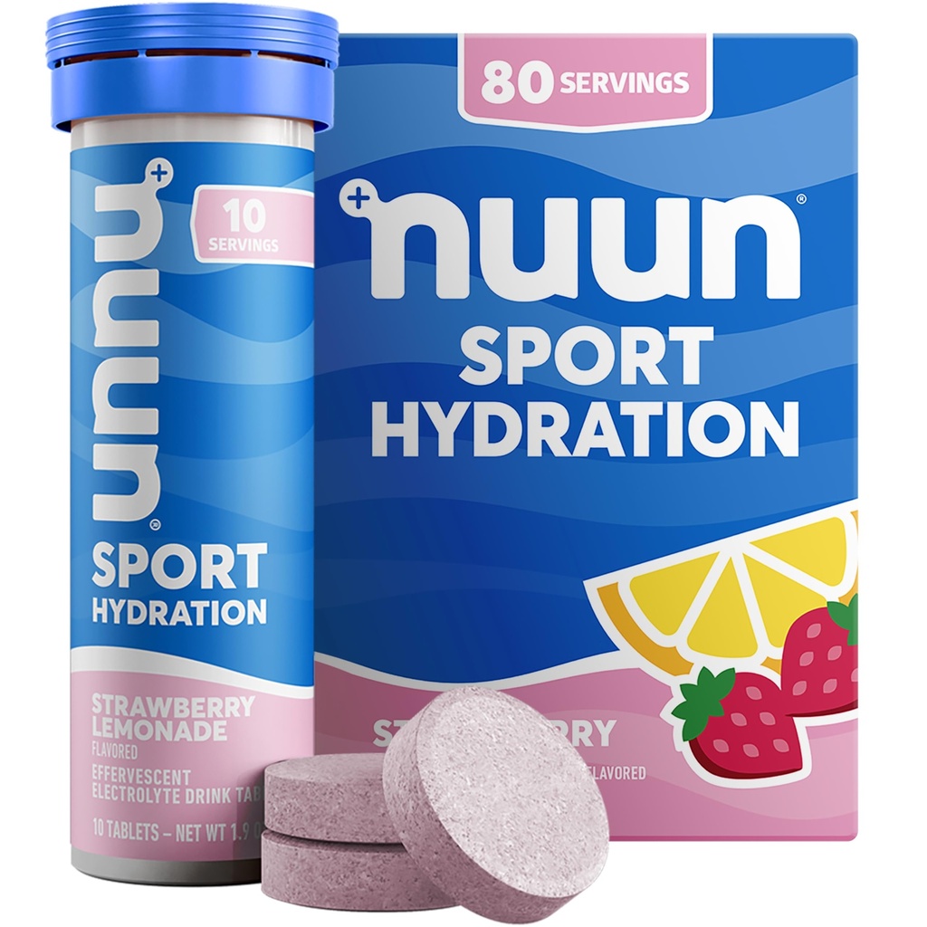 Nuun Sport Eletrolyte Tablets com magnésio, cálcio, potássio, cloro e sódio, Gluten Free & Vegan, Strawberry Limonada, 8 Pack (80 Servings Total)