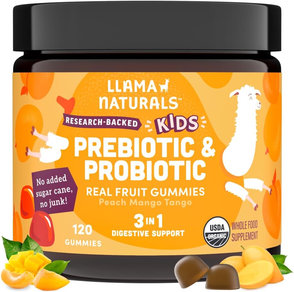 Llama Naturals Crianças Probiótico com Fibra Prebiótica, Vegan, Prebióticos Orgânicos e Gummies Probióticos para Gut Health Support, Toddler verdadeira fruta Gummy Vitaminas, Não adicionado cana de açúcar, Mango de pêssego, 120 Ct