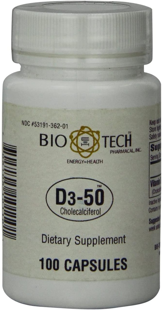 Bio-Tech Pharmacal D3-50 50 000 UI, 100 Cápsulas − All-Natural Supplement − Suporta osso, coração neuromuscular, & Imune Health − Sem Dairy, Peixe, Gluten, Peanut, Shellfish, & Soy