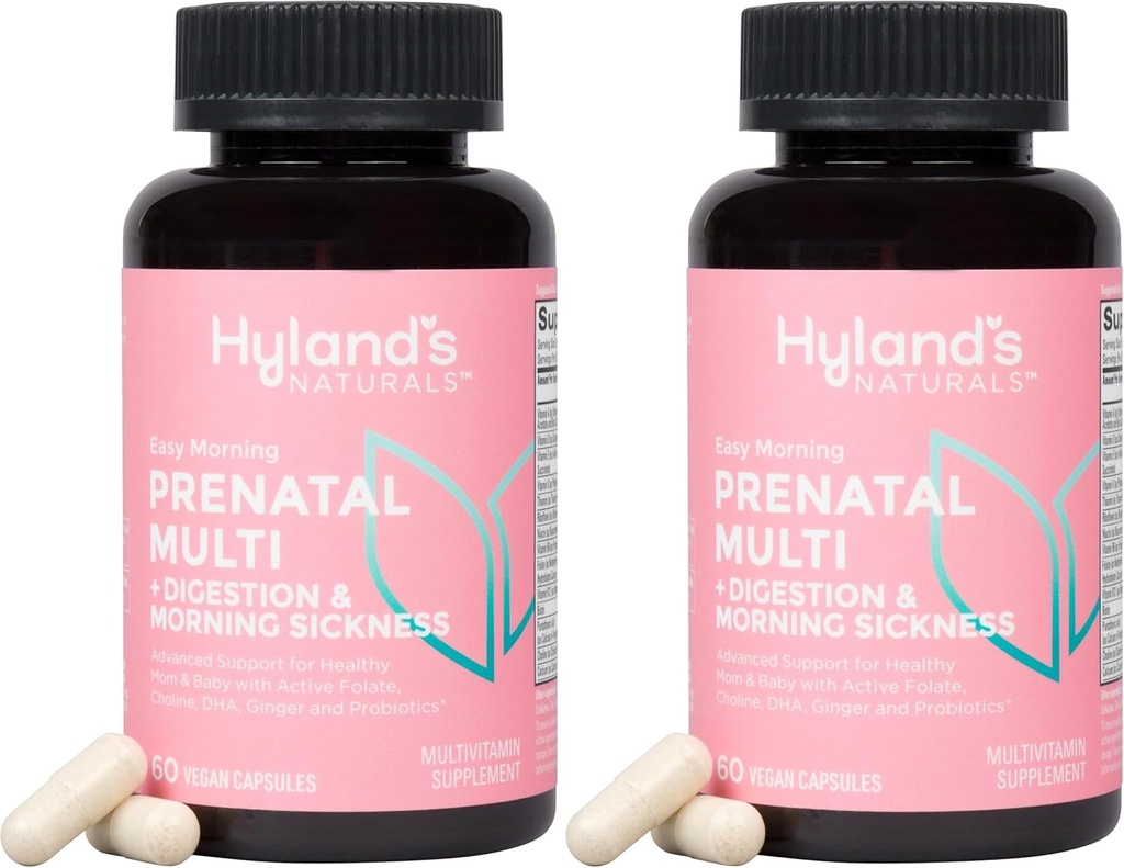 Hyland's Easy Morning Multivitamin pré-natal e saúde digestiva e alívio da doença matutina, 60 cápsulas Vegan, com folato, cholina, zinco, raiz de gengibre, prebióticos e Algae DHA (Pacote de 2)