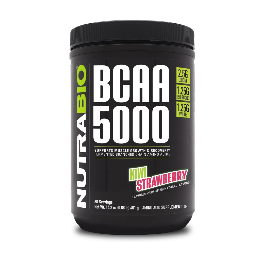 NutraBio BCAA 5000 Pó - Vegan Fermented BCAAs - Suporta crescimento muscular magro, Recuperação, Endurance - 60 Servings - Kiwi Strawberry