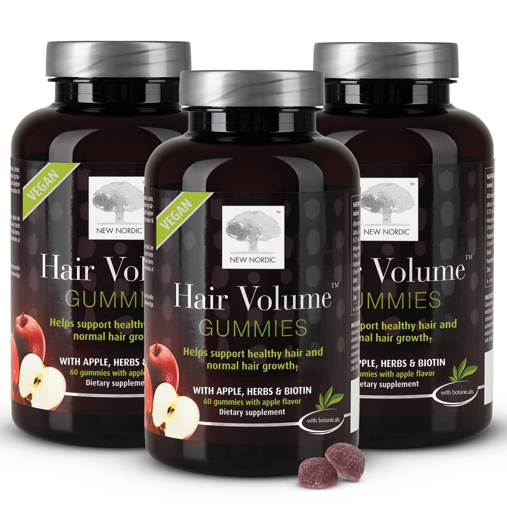 NOVAs pastilhas de volume de cabelo NORDIC, 2500 mcg Biotin, Suplemento diário de vitaminas do cabelo para apoiar a pele do cabelo e unhas, Vegan, 60 contagem (Pacote de 3)