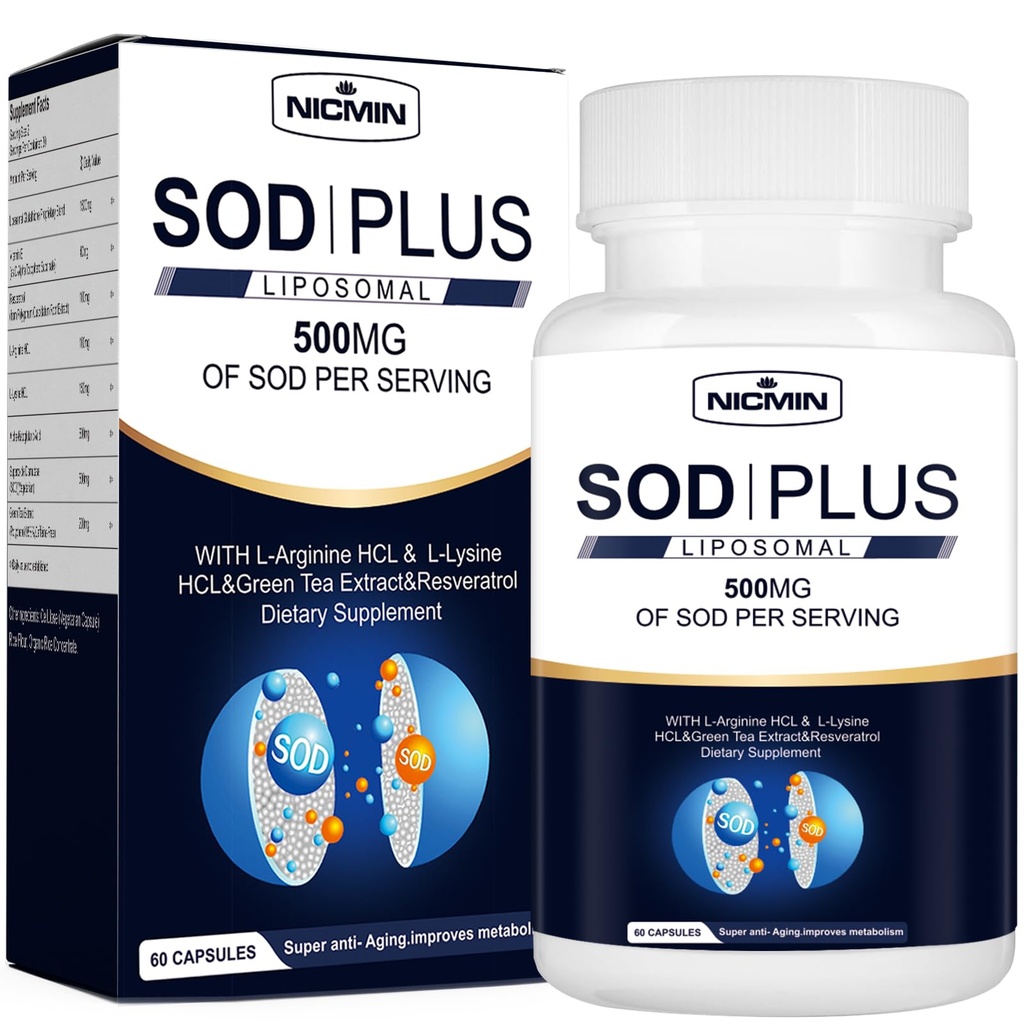 Superóxido Dismutase Suplemento 500mg - SOD Mais com glutationa lipossómica, AKG, Extrato de chá verde, L-Arginina, Lisina, Resveratrol e Vitamina E para suporte imunológico, Antioxidante 60 Cápsulas
