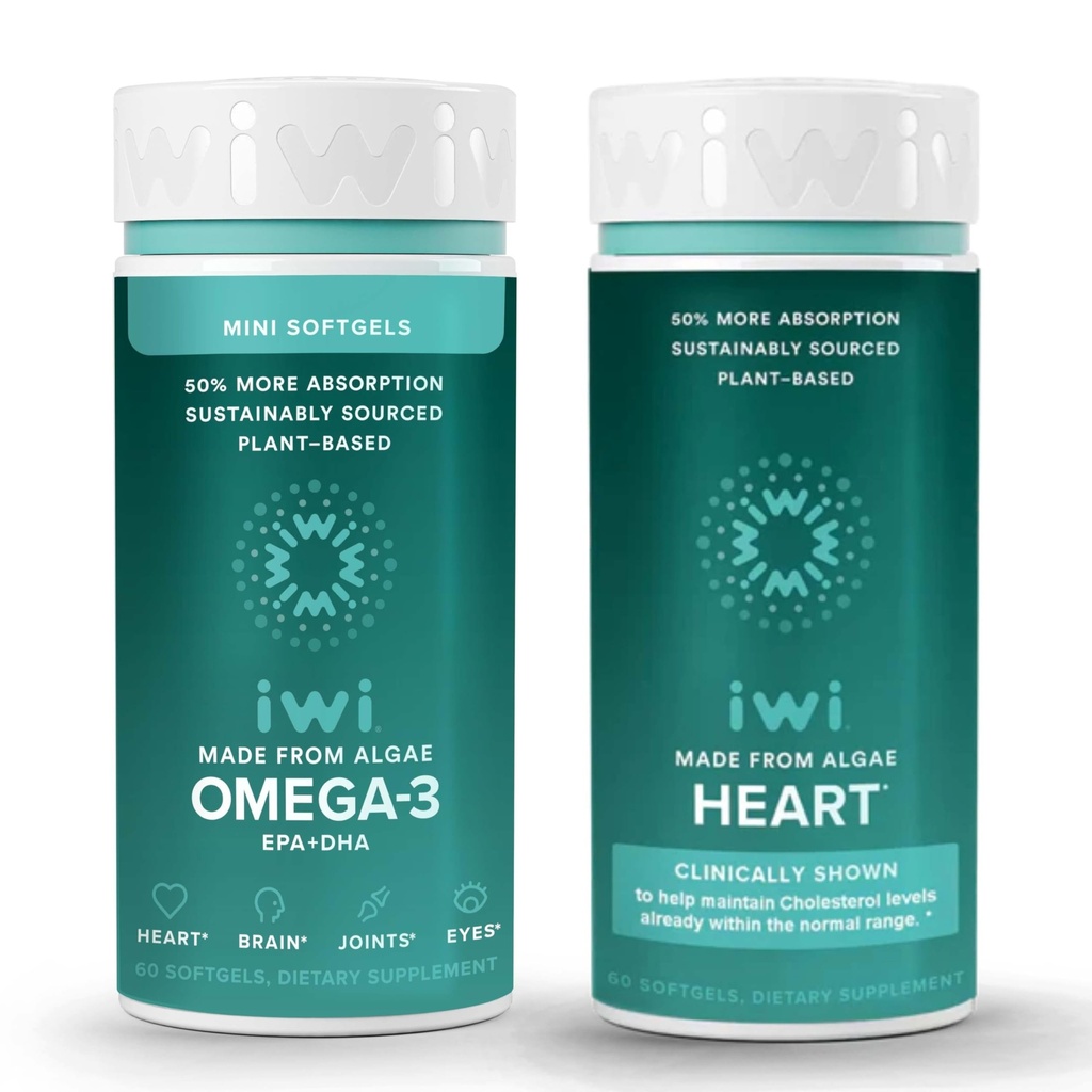 Iwi Omega-3 Minis & Heart Omega-3 Bundle, 30 Servings, Vegan Planta-baseada Algas Omega 3, Krill & Fish Oil Alternative, Sem gosto de peixe
