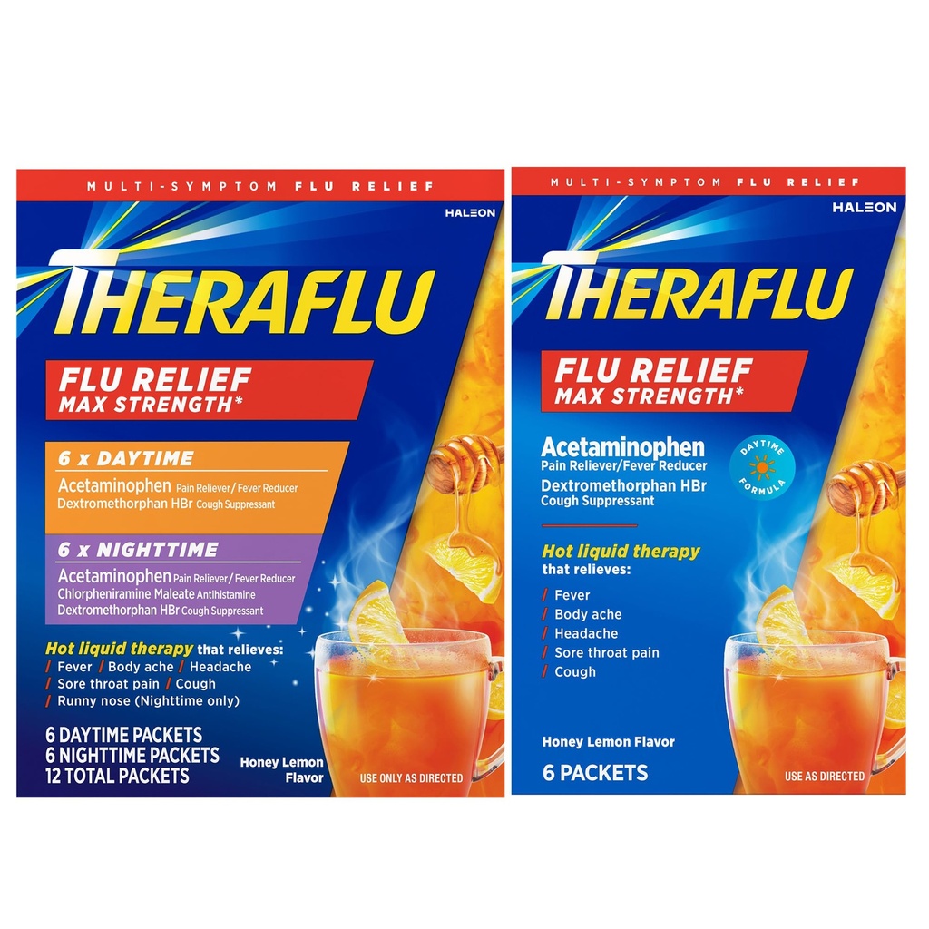 Theraflu Max Strength Dia & Noite Flu Symptom Relief Honey Lemon Flavor Powder & Daytime Flu Symptom Relief Honey Lemon Powder, 6 Daytime + 6 Nighttime, & 6 Honey Lemon Flavor Powder Packets