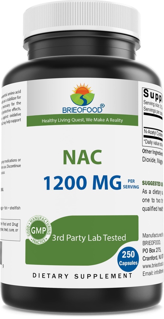 Brieofood NAC Suplemento N-Acetil Cysteine 1200 mg por serviço 250 Cápsulas - Suplemento de suporte imunológico