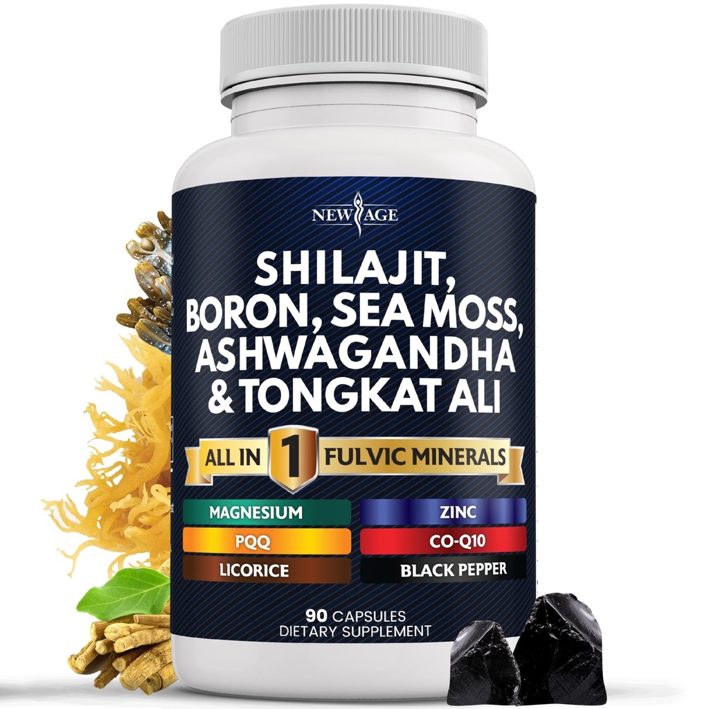 NOVO AGE Suplemento Shilajit com Sea Moss, Ashwagandha, Tongkat Ali, Boron, Magnésio - Cápsulas de Ácido Fulvico para Homens - 90 Conde