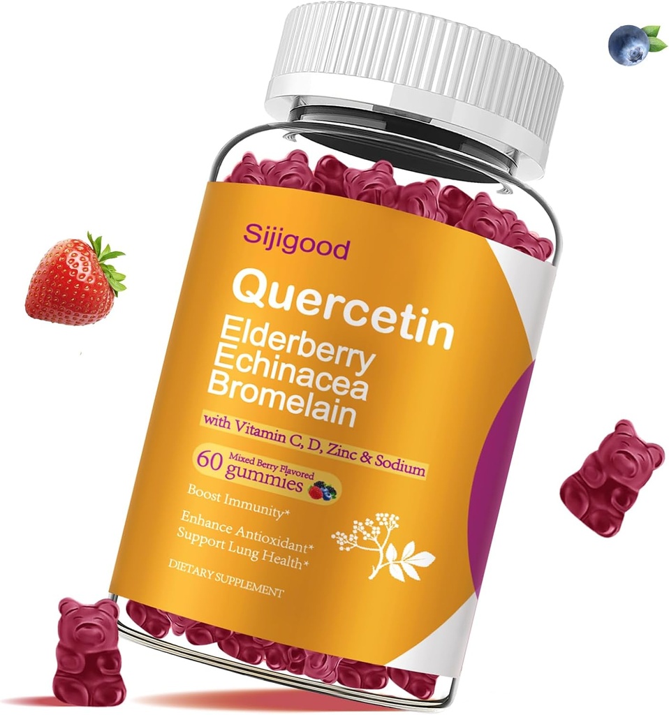 Quercetin Gummies with Bromelain, Elderberry, Echinacea, Zinco de vitamina C D - Suporte do sistema imunológico 60 Condes Puro Quercetin Gummies for Kids & Adults