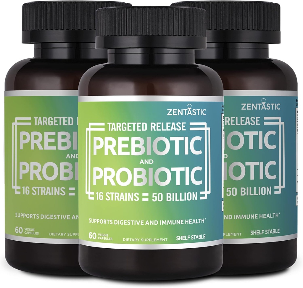 Zentastic Probióticos & Prebióticos Suplemento - 50 bilhões UFC - para homens & Women’s Imune & Digestive Health - 16 Strains - prateleira estável - 180 cápsulas Veggie de liberação tardia