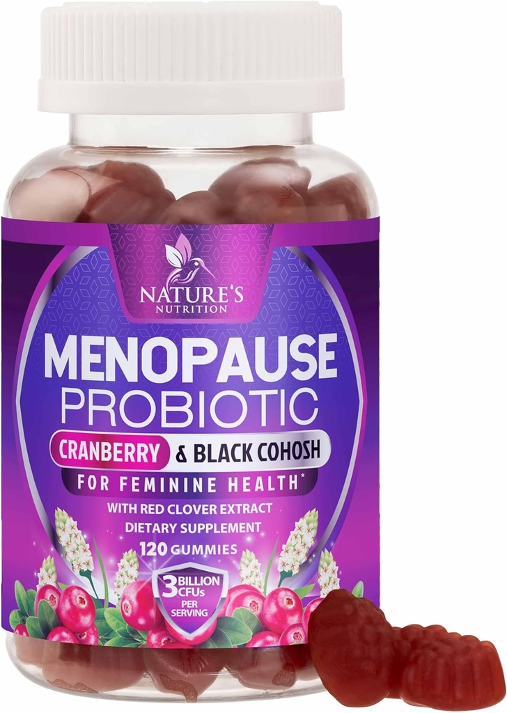 Suplementos de menopausa para as mulheres - 3 bilhões de UFC Alívio de menopausa natural para leves flashes quentes e suores noturnos, PH, Suporte à saúde vaginal Probióticos para mulheres Gummy, Suplemento Probiótico - 120 chicletes