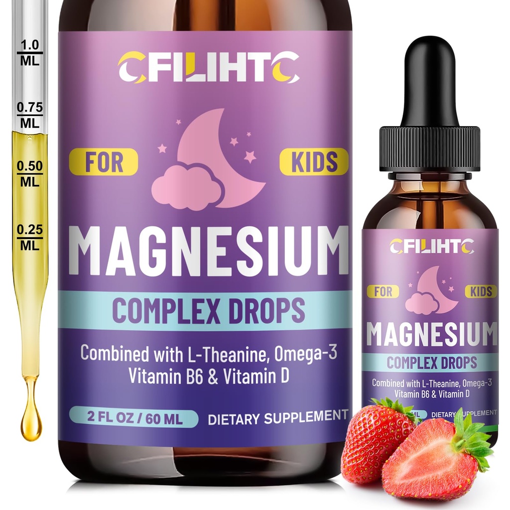 Crianças Magnésio líquido gotas-magnésio líquido glicinato para crianças Suplemento-w/L-teanina, Omega-3, Vitamina B6, D3 - para dormir, Relaxação, Cérebro, Ossos - 2 Fl Oz calma das crianças, Morango Flavor