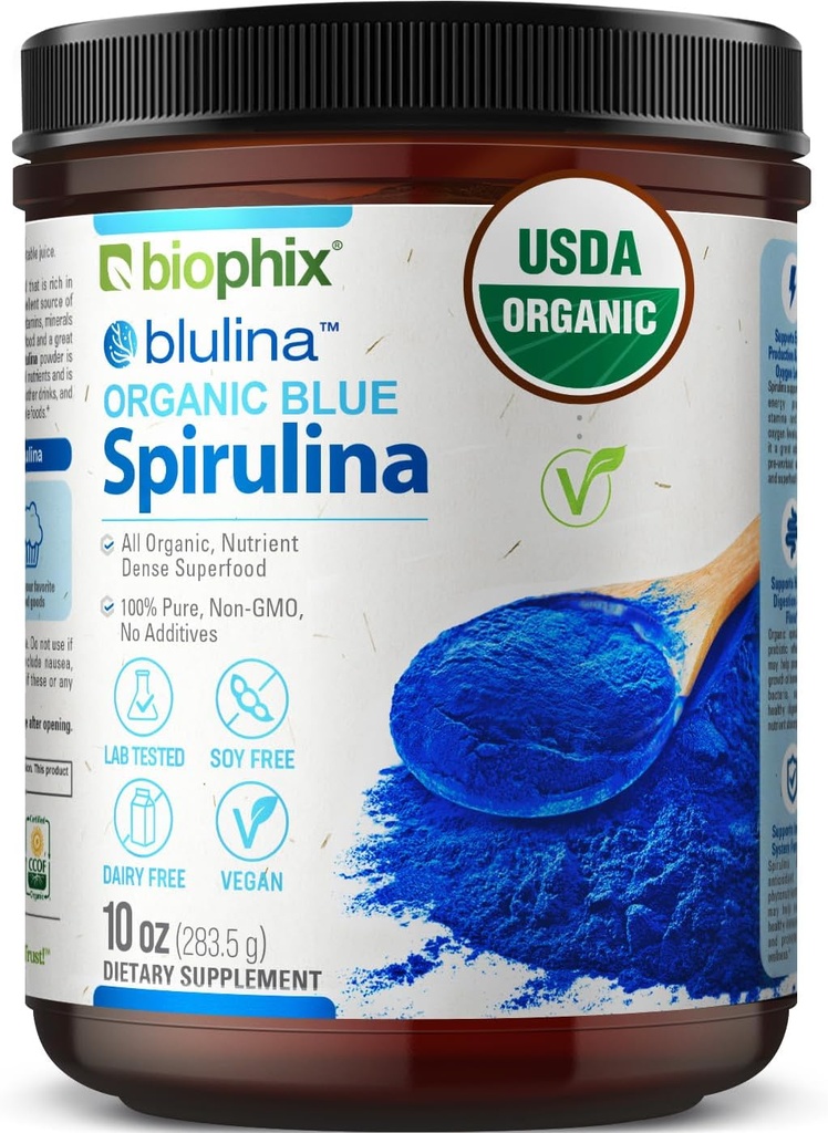 biophix Blue Spirulina Powder Organic Blulina 10 onças - Algae Organic Spirulina Powder 283 Servings - Suplemento Superalimentar - Pigmento Azul Natural - Espirulina en Polvo Organica Pura Azul