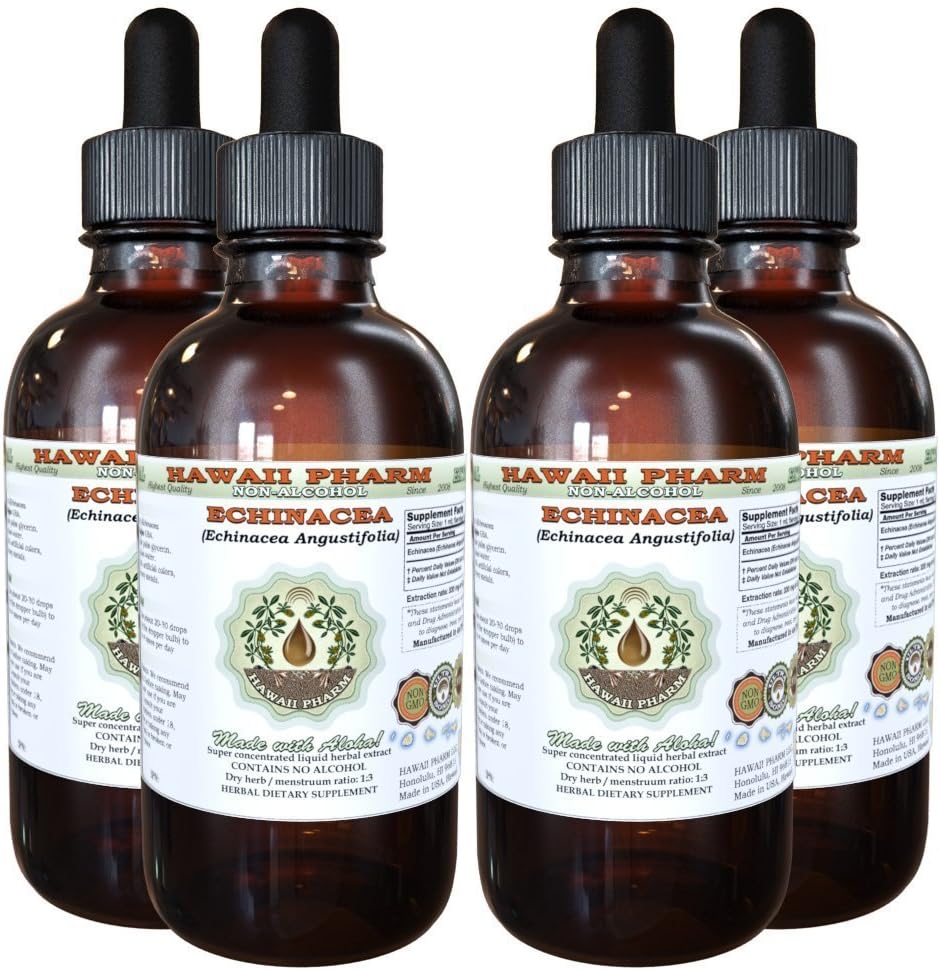 Echinacea Alcohol-Free Liquid Extract, Echinacea (Echinacea Angustifolia) Glicerita de raiz seca Hawaii Pharm Natural Herbal Supplement 4x4 oz