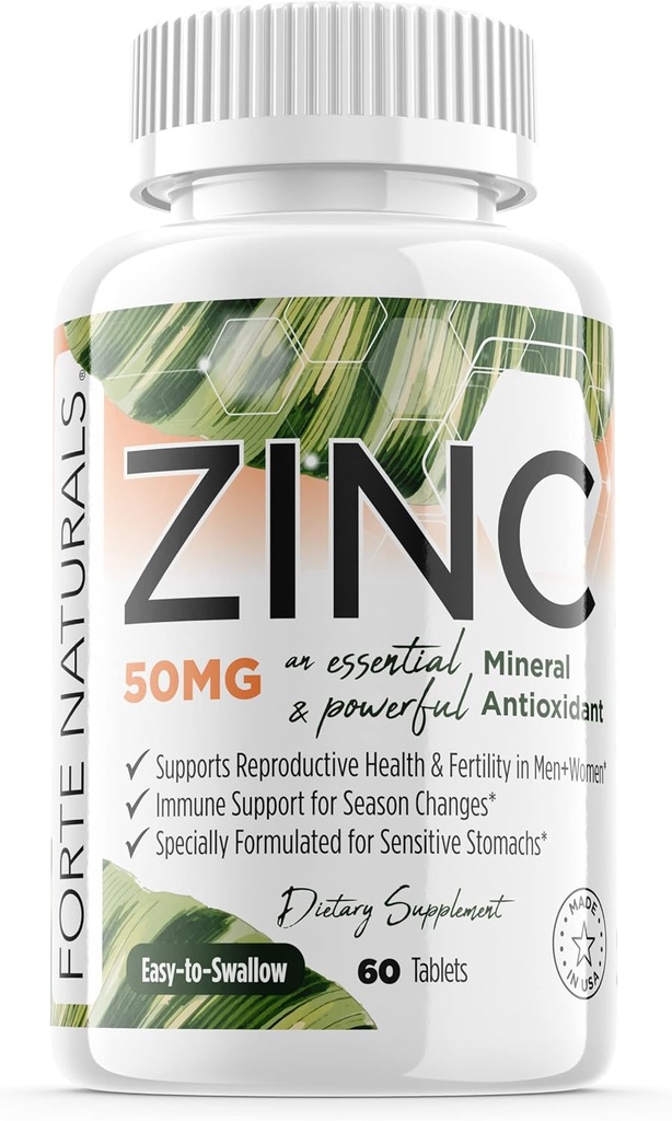 Zinco 50mg, (60 comprimidos), especialmente formulado para estômago sensível, Suporte imunológico, Pele e cabelo, Vegan Zinc Supplement, Não-GMO Made in USA