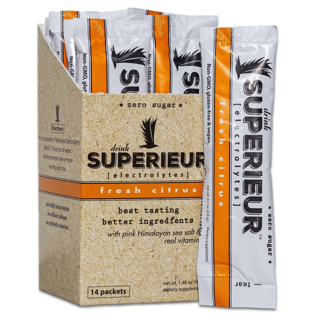 Superieur Electrolyte Powder Packets - Vegan Eletrolyte Hydration Powder w / Mar Minerals - Keto Friendly, Non-GMO, Zero Sugar Eletrolyte Supplement - bebida esportiva saudável - Citrus (14 Packets)