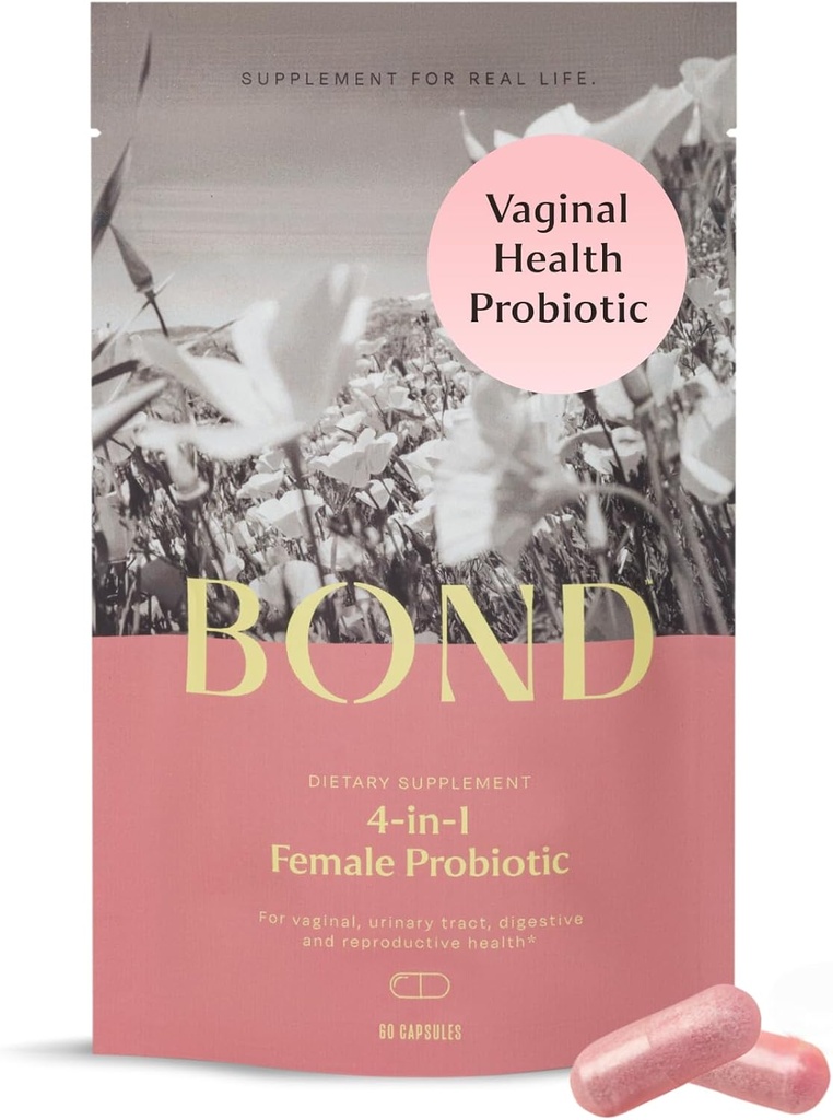 BOND 4-em-1 Probióticos Vaginais para Mulheres para Flora Vaginal, Controle de Odor, Levedura e pH Balança para Mulheres - Diária Lactobacillus Fórmula (5 bilhões de UFC), com Prebióticos & Cranberry, 60 Cápsulas (2/dia)