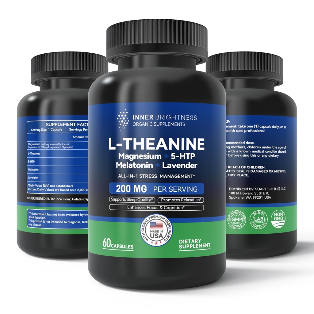 L Theanina 200mg, Magnésio, 5-HTP & Melatonina – All-in-1 L-Teanina Suplemento para alívio de estresse, foco & cognição, sono - 60 cápsulas
