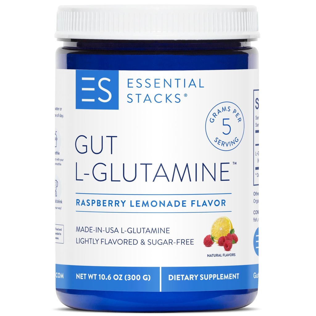 Pilha Essencial Gut L-Glutamina Pó - Exclusivamente Made in USA - Puro L Glutamina Pó para Gut Saúde (50 Servings, Limonada de framboesa)