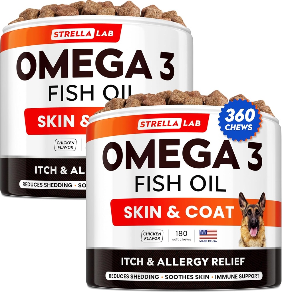 STRELLALAB Omega 3 para cães - (360Ct) Fish Oil Treats - Alergia & Itch Relief Skin & Coat Supplement - Pele seca comichão, anti derramamento e tratamento de Hot Spots - Pet Salmon Oil Chews - Flavor de frango