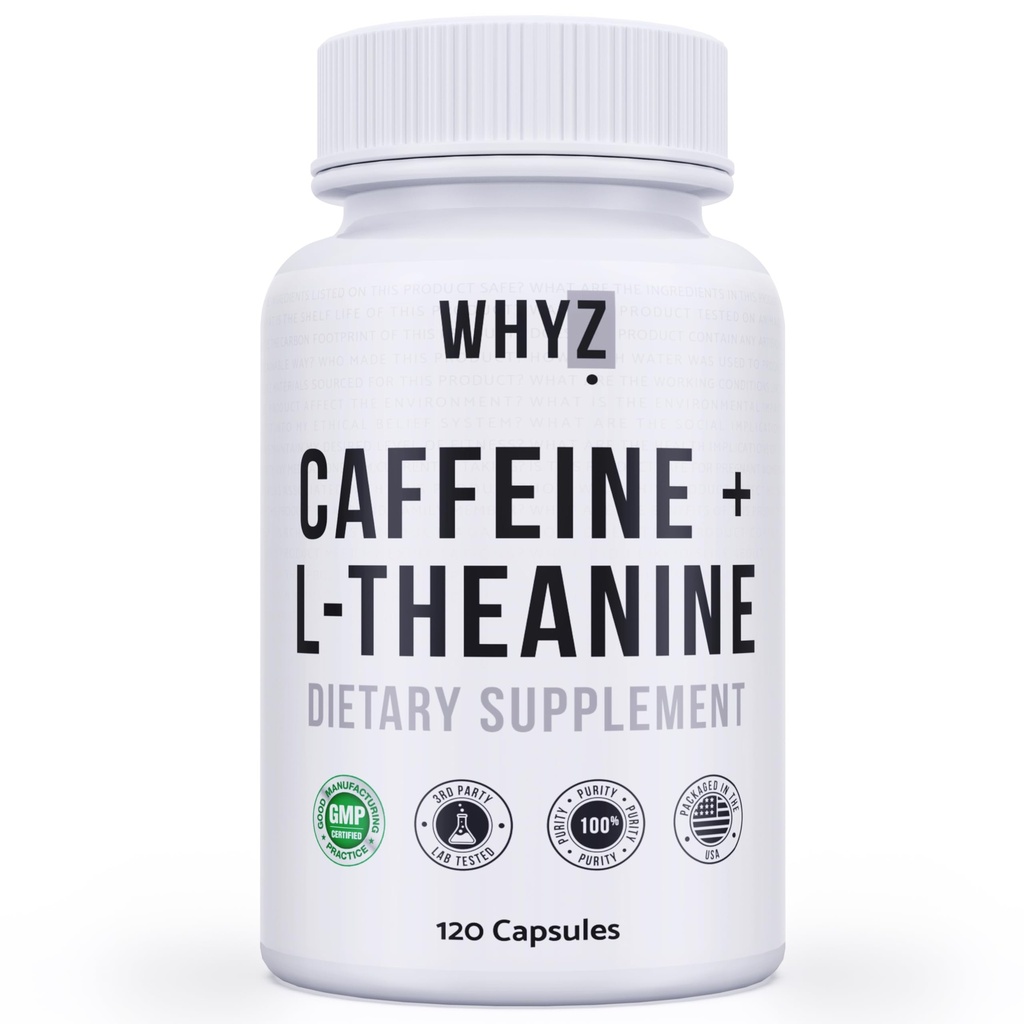 Pílulas de Cafeína WhyZ com L-Theanina, 120 Cápsulas, Pills Nootrópicos Stack Energy, Vitaminas Energéticas para Foco Energético Mantido e Função Cognitiva, L Theanina Cafeína Suplementos Energéticos para Mulheres e Homens