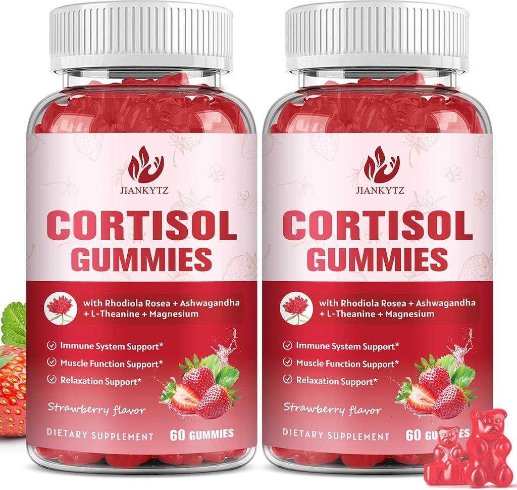 (2 Pack) Gummies Suplemento de Cortisol para mulheres com Rhodiola Rosea, Ashwagandha, Magnésio, Cortisol Equilibrado, Suporte Zzz, Não-GMO, 120 Gummies