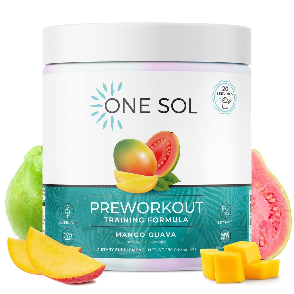 Um Sol pré-treino para as mulheres, bomba melhorada e foco, Sem Jitters ou acidente, Ingredientes naturais, 100% Vegan, Gluten Free & Soy Free, (Mango Guava)