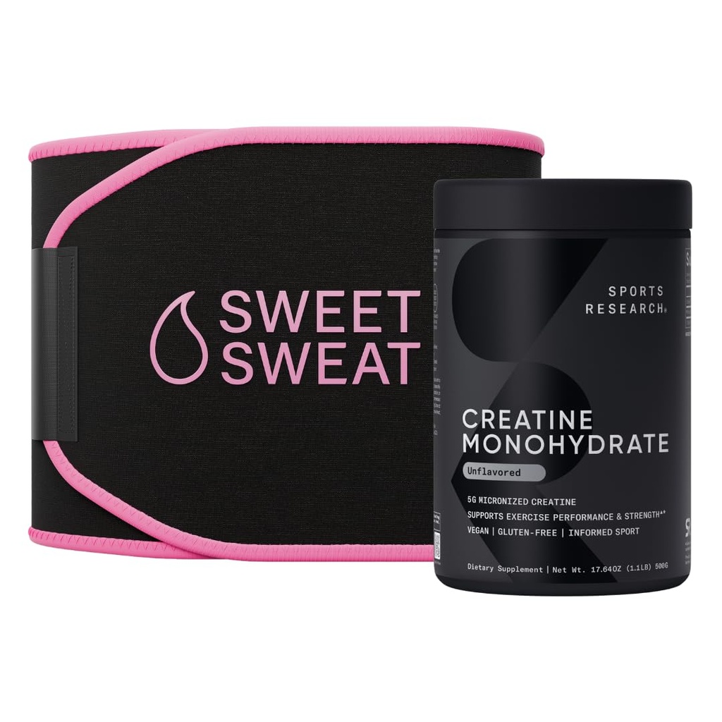 Pacote de desempenho de treinamento Sports Research® - Creatina Monohidratado e doce aparador de cintura de suor (Preto / rosa, médio)