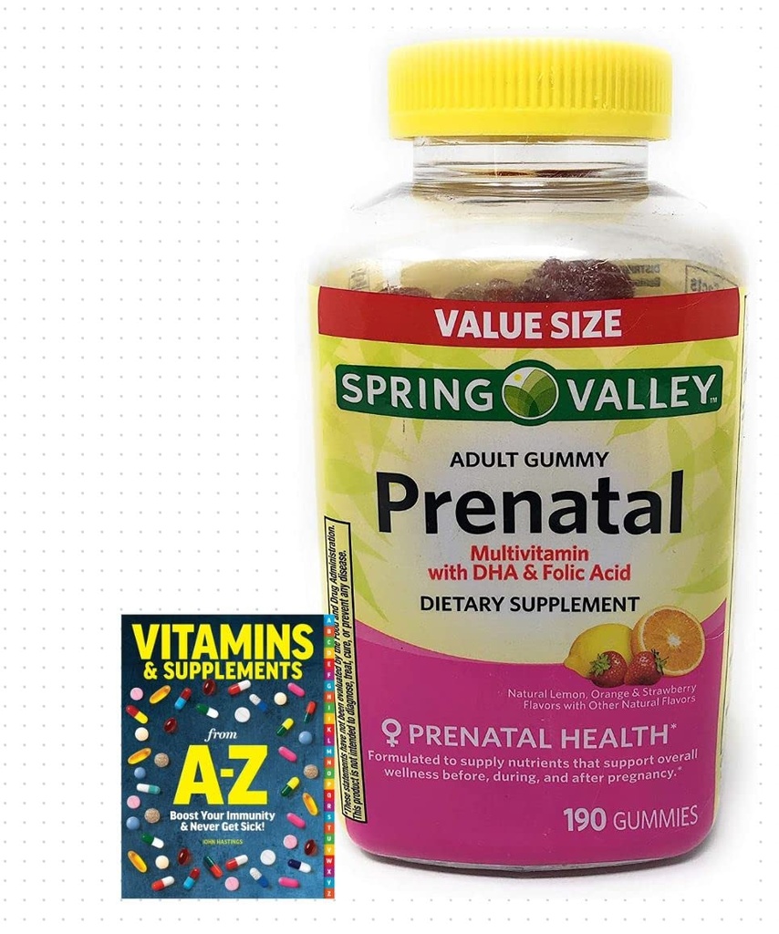 Spring Valley Adulto Pré-natal Saúde Multivitamínico DHA & Ácido Fólico, Frutas, 190 chicletes + Melhor Guia Suplementos Vitaminas Livro