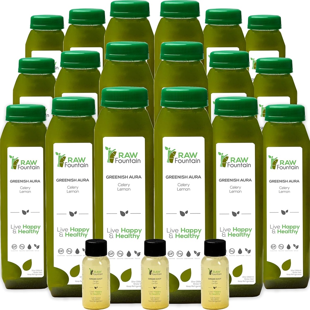 Suco de aipo limpar por fonte crua, Tudo natural cru, sucos prensados a frio, Detox limpeza da manhã, 30 garrafas 12 onças, 5 tiros de gengibre bônus