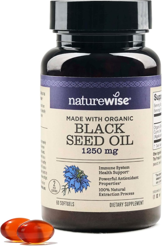 NatureWise Black Seed Oil Softgels 1250 mg - com 100% orgânico frio Pressionado Nigella Sativa - Omega 3 6 9 - Antioxidante Imune Support, Cabelo e Pele - Não-GMO, Gluten-Free - 60 Softgels[1-Month Supply]
