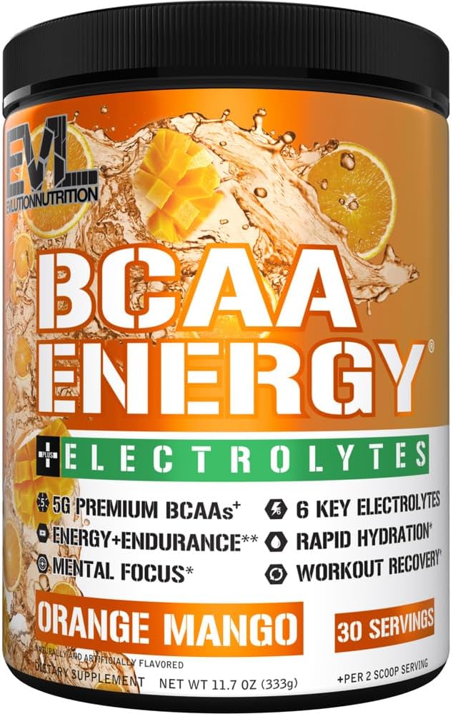 EVL BCAAs Aminoácidos Pó - BCAA Energia Pré-Exercício Pó para Recuperação Músculo Crescimento Lean e Endurance - Reidratação Pós-Exercício Recuperação Bebida com 6 Eletrólitos Chave - Manga Laranja