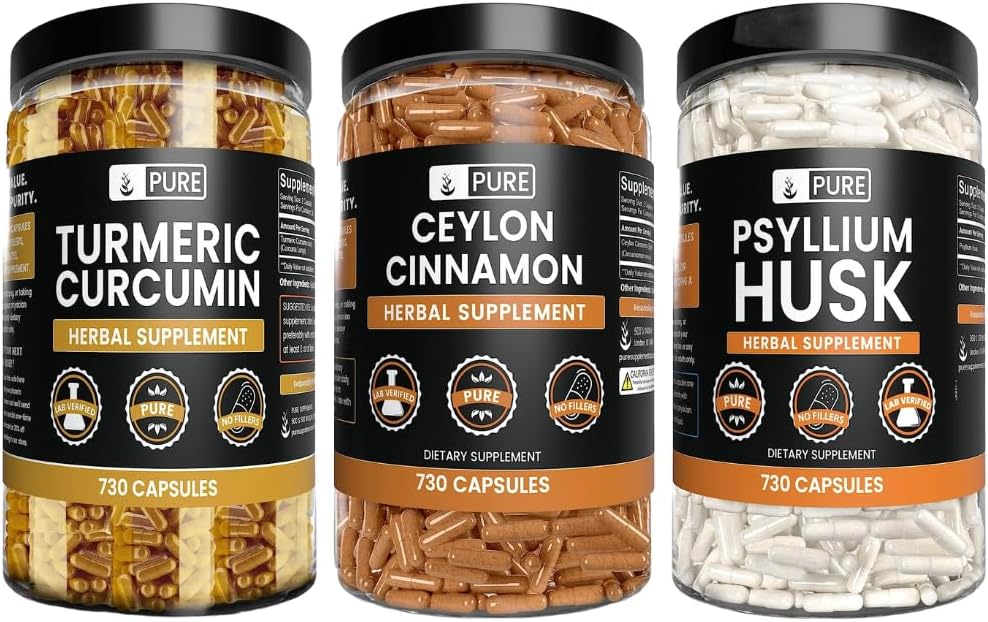 INGREDIENTES ORIGINAIS PUROS Ceilão Canela, Psyllium Husk, e cápsula cúrmica pacote (730 cápsulas cada), sem magnésio ou enchimentos de arroz