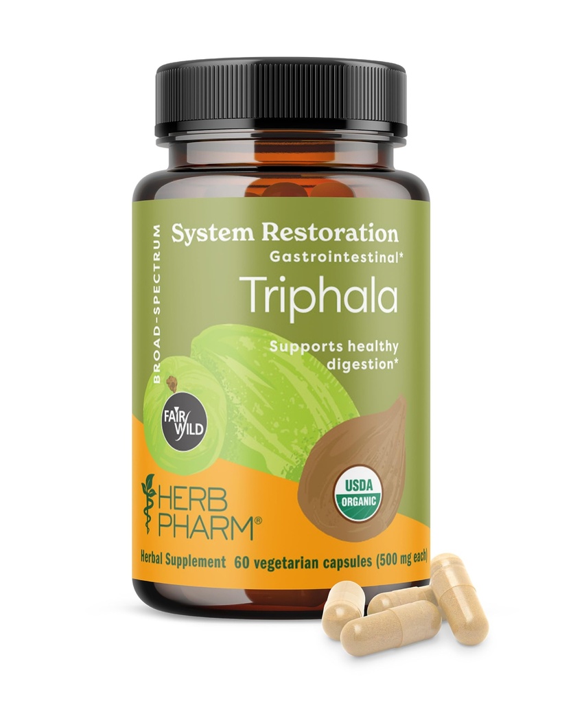 Herb Pharm USDA Orgânico Triphala Cápsulas de limpeza e desintoxicação Suporte & Digestive Saúde Suporte com Amla, Haritaki & Bibhitaki, FAIRWILD® Certified 60 Vegan Cápsulas, Até 30 dias de fornecimento*