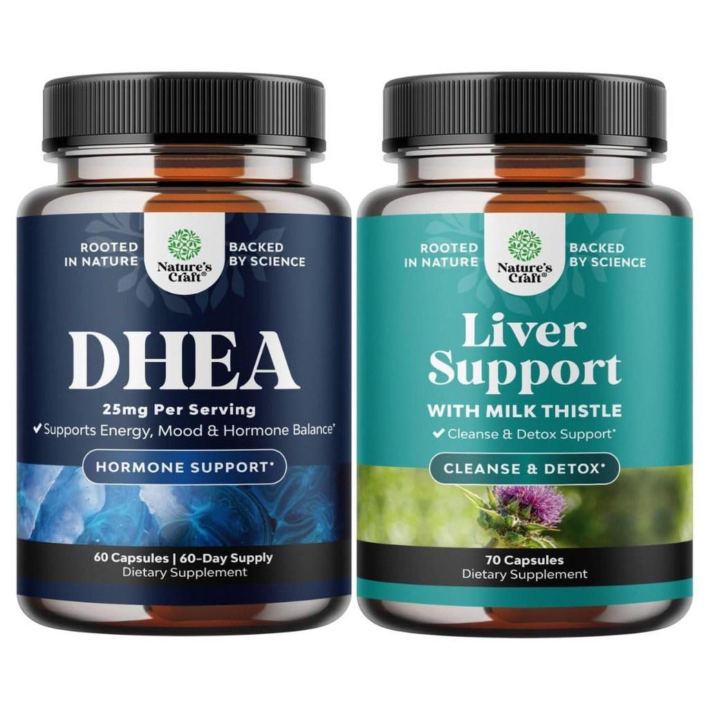 Pacote de suplemento DHEA para mulheres e homens - Puro DHEA 25mg para equilíbrio hormonal - Dehidroepiandrosterona e fígado limpar detox e reparação - Suplemento de cardo de leite para digestão e saúde imune