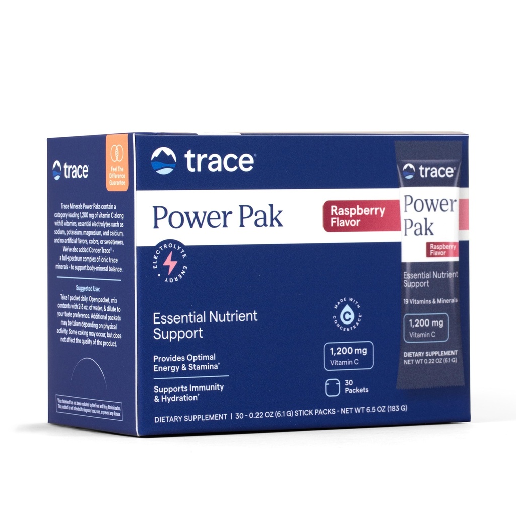 Trace Minerals Power Pak Multivitamin e Packets Multiminerais - Suporte Eletrolítico - 1200 mg Vitamina C Plus 70 Framboesa Flavor - 30 Packets