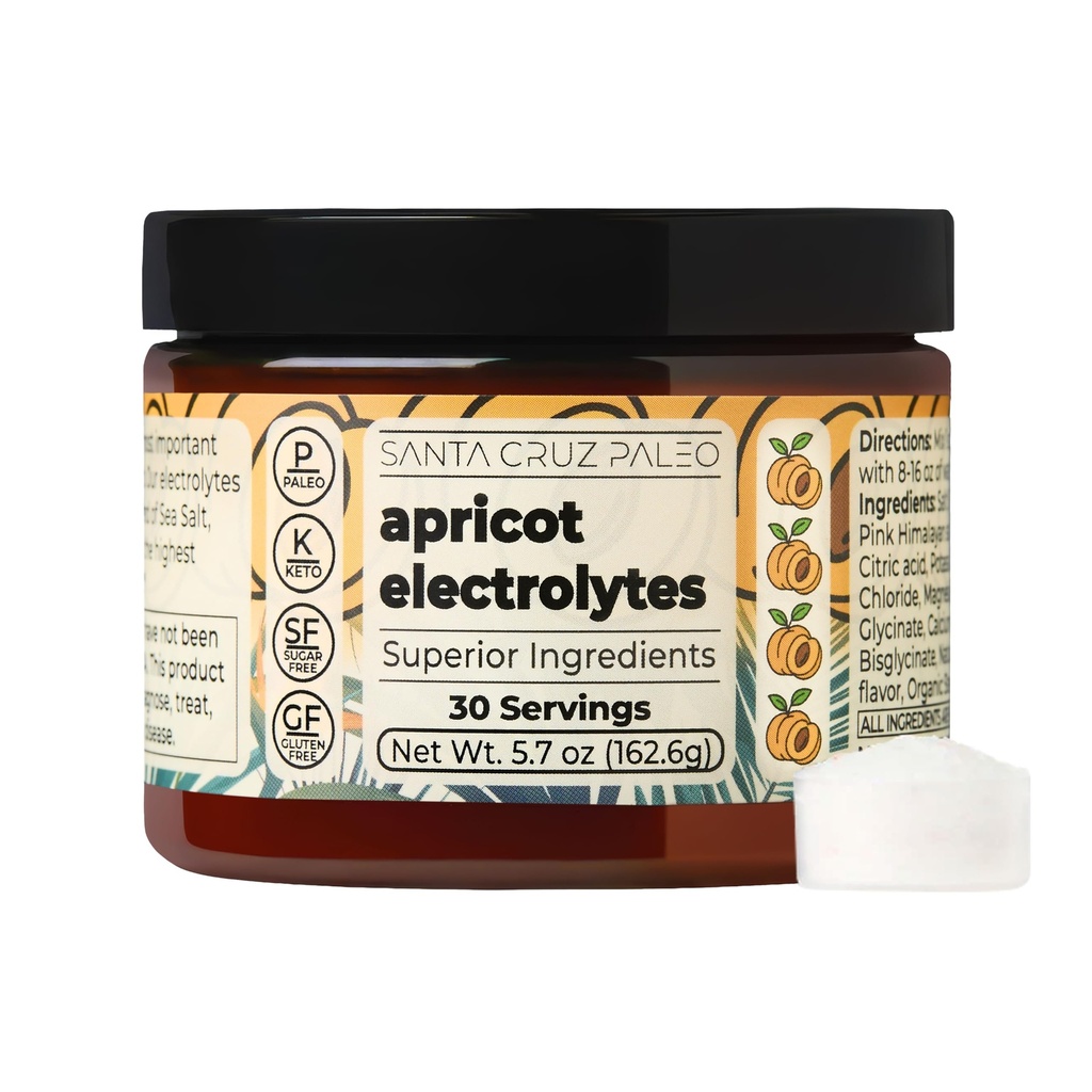 Santa Cruz Paleo Electrolyte Powder, Sabor de damasco, Açúcar Free Hydration Drink Mix with Himalayan Pink Salt, Sea Salt, Glicenato de magnésio, Cloreto de potássio, Adoçado com Stevia, 30 Servings