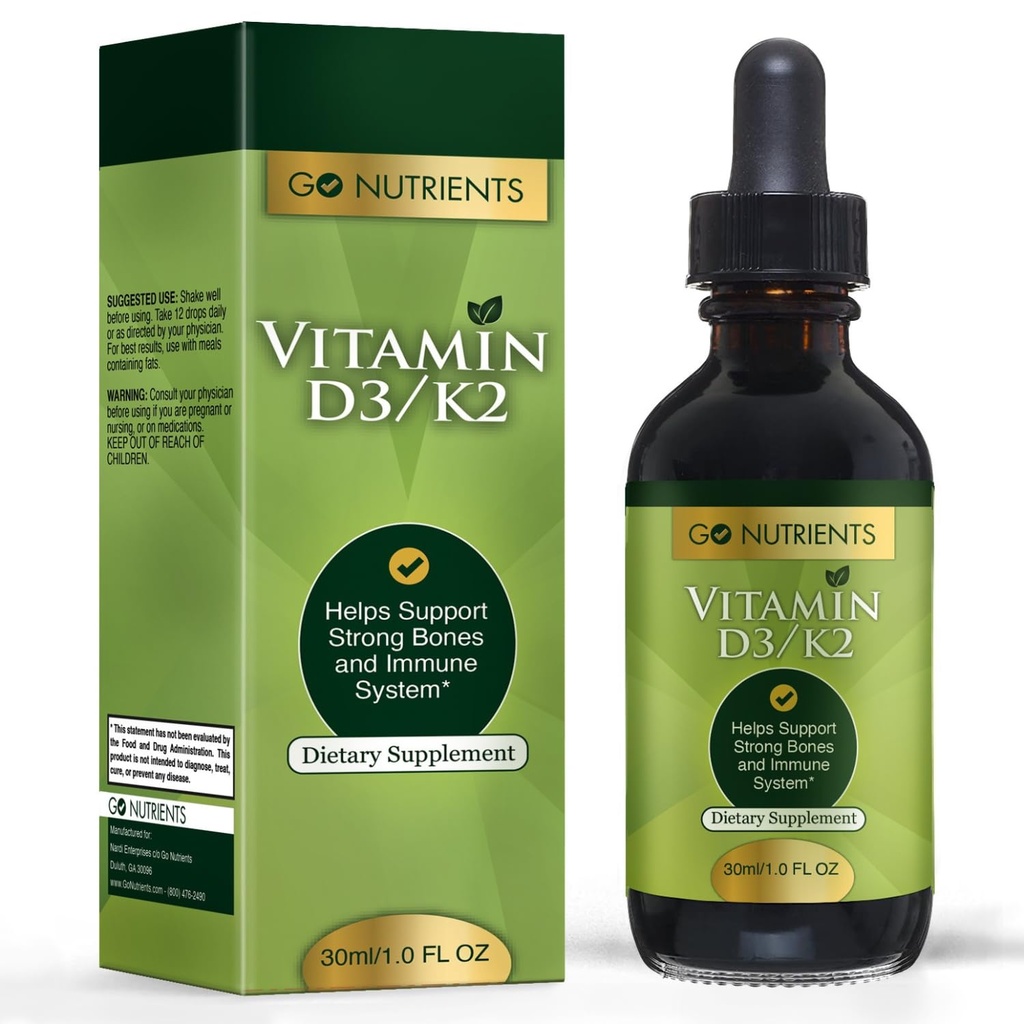 Go Nutrientes Vitamina D3 K2 Drops – Líquido VIT D Suplemento com MK7 para Adultos e Crianças – Alta Absorção Sublingual Support for Bone, Cardiovascular, Coração & Imune Health – 1 oz, 90 Servings